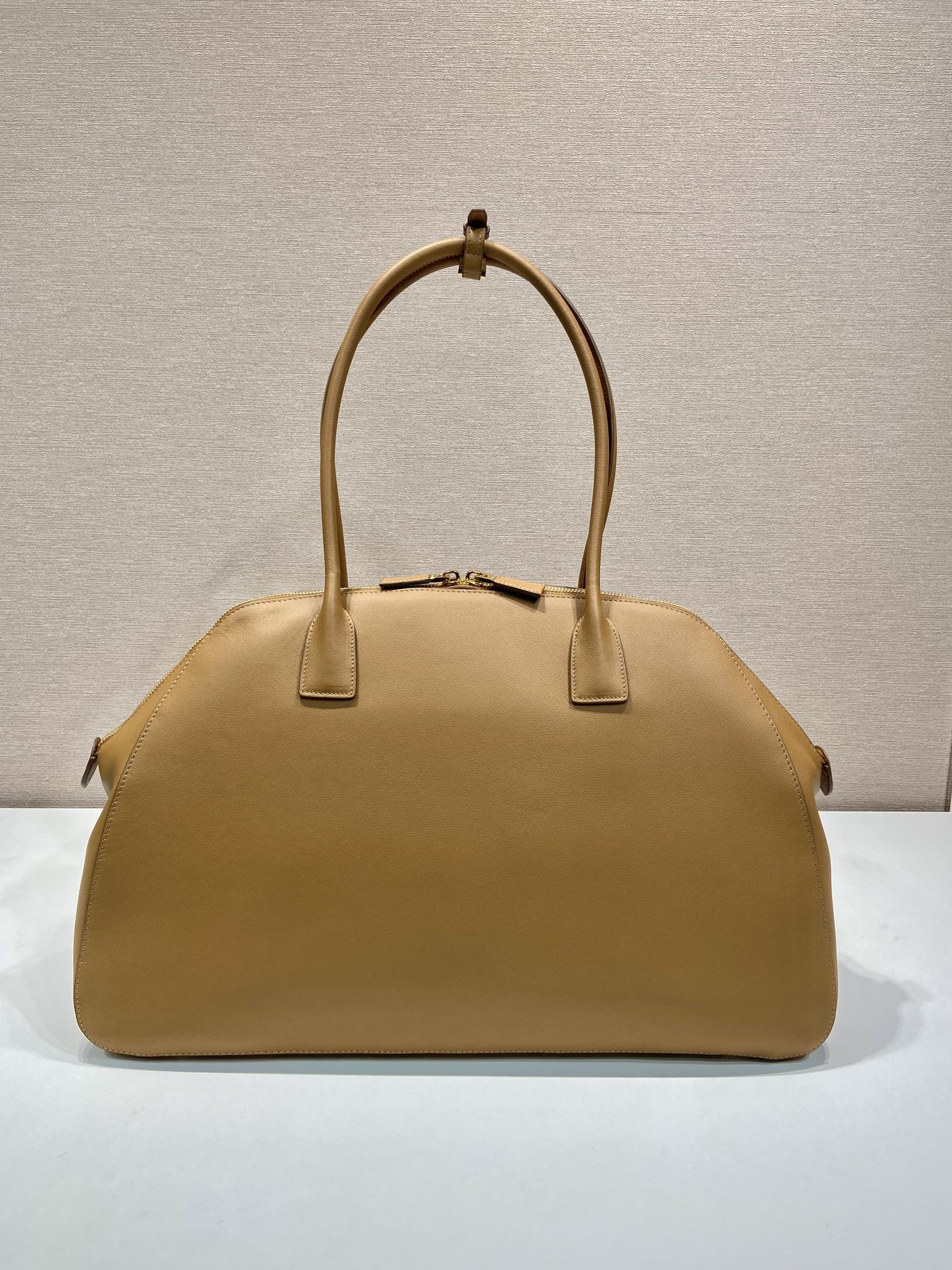 Prada LARGER TOTE BAG 48 WITH ZIPPER CLOSURE IN CIDER BROWN SMOOTH CALFSKIN