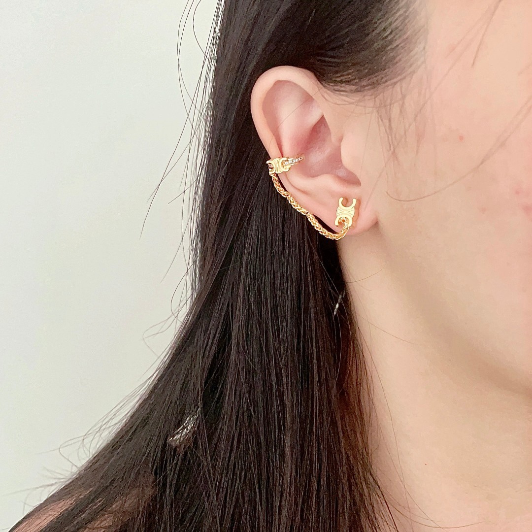 Celine Triomphe Pave Crystal Logo Connected Chain Ear Cuff and Stud Earring - KAIROO