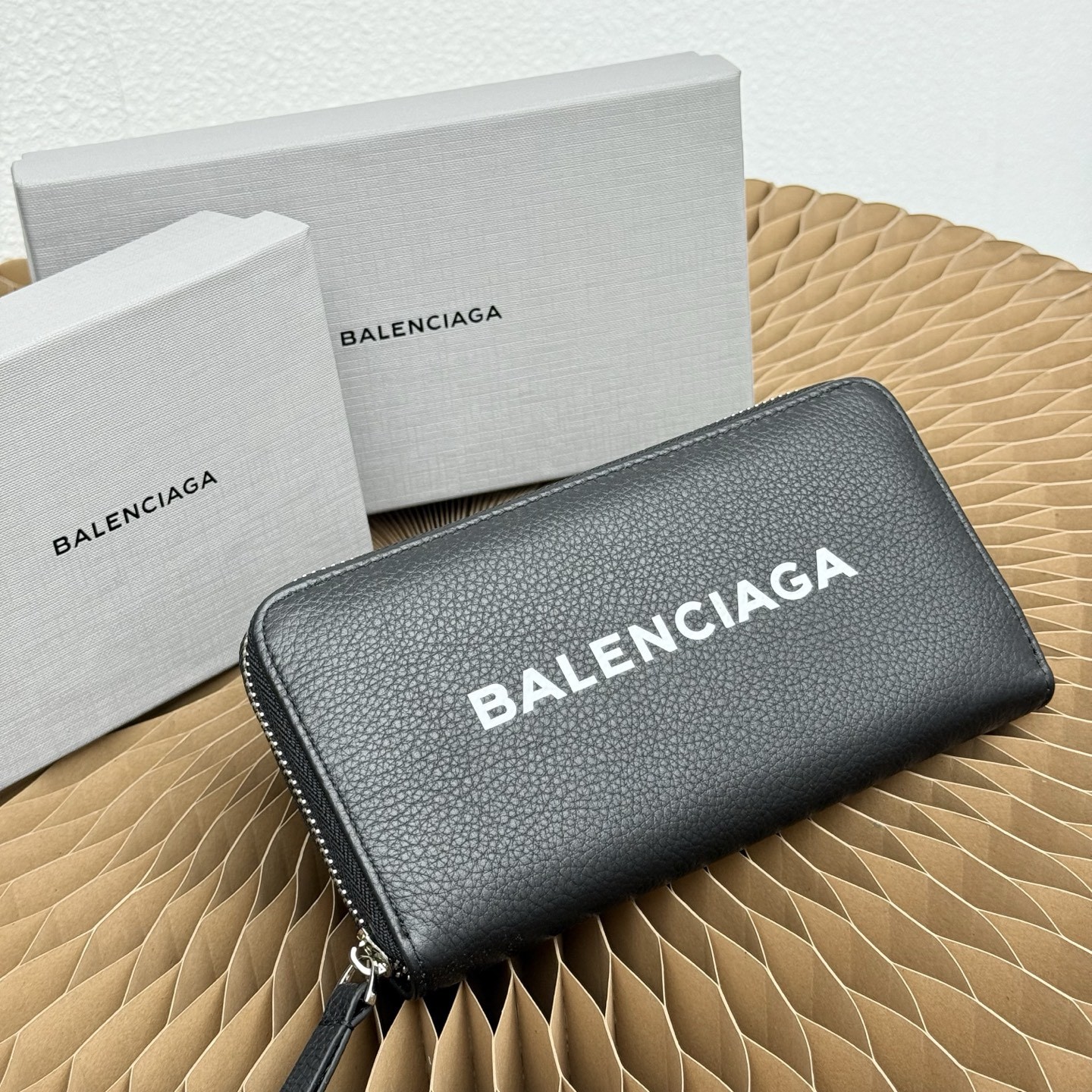 Balenciaga Everyday Black Printed Logo Grained Leather Continental Zip Around Long Wallet - KAIROO
