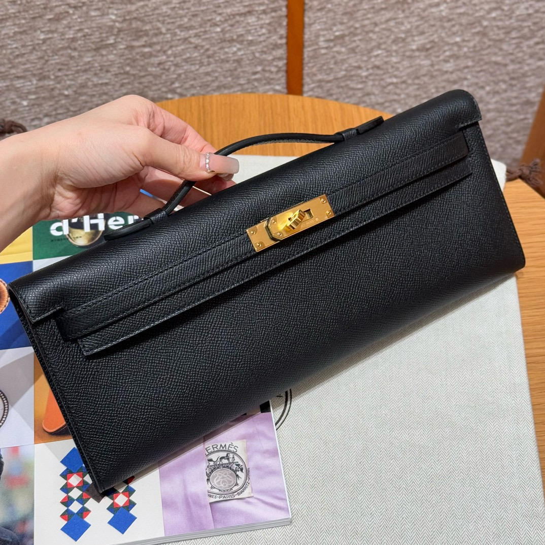 Hermes Black Epsom Kelly Cut clutch Gold Hardware