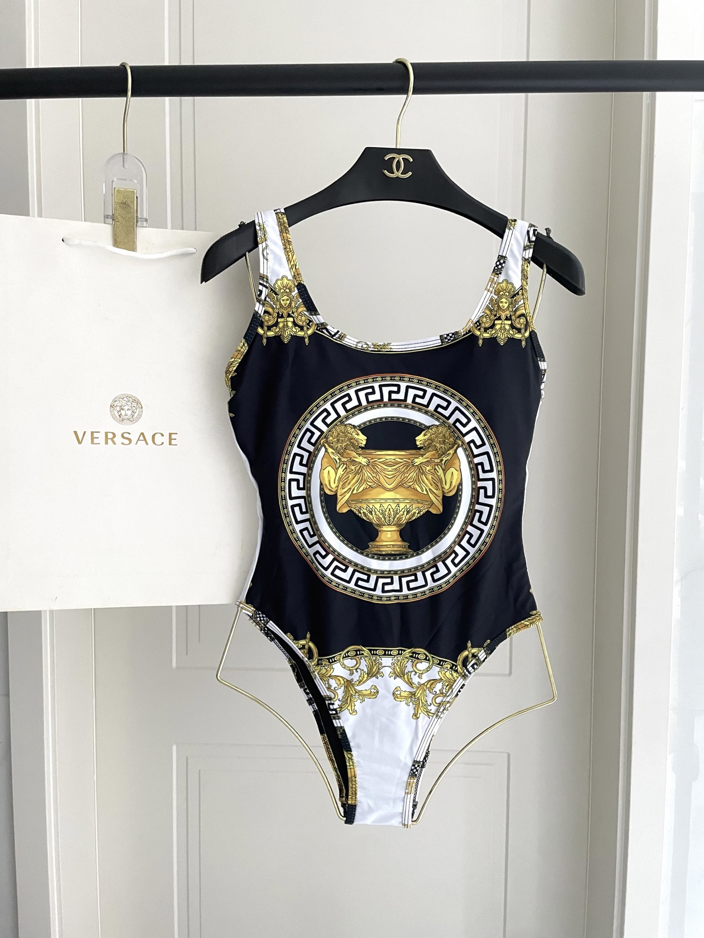 Versace Black & White Baroque Vase & Greca Print High-Cut One-Piece Swimsuit - KAIROO
