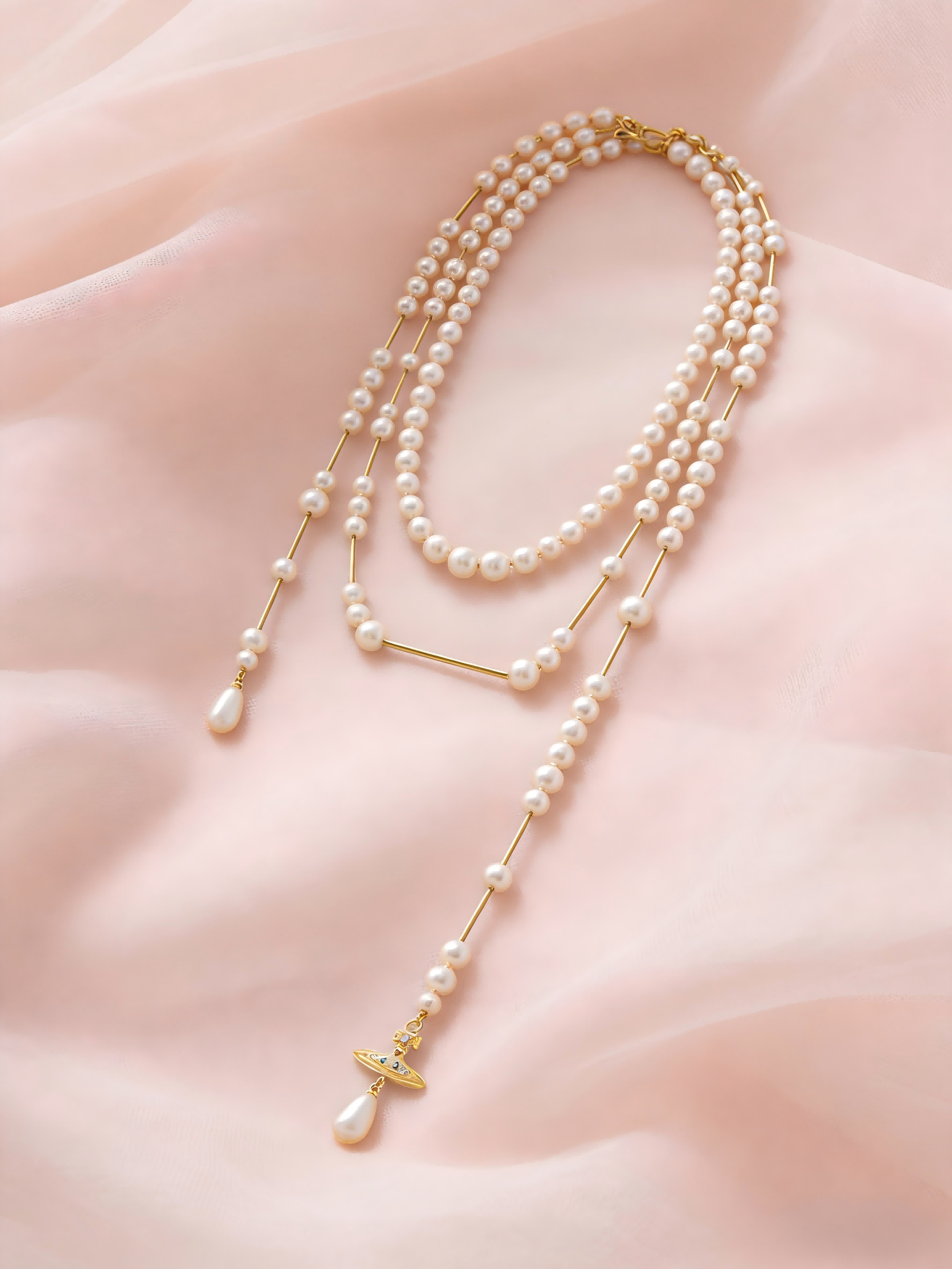 Luxury Layered Pearl Lariat Necklace with Orb Pendant | Elegant Gold Long Necklace with Teardrop Drop