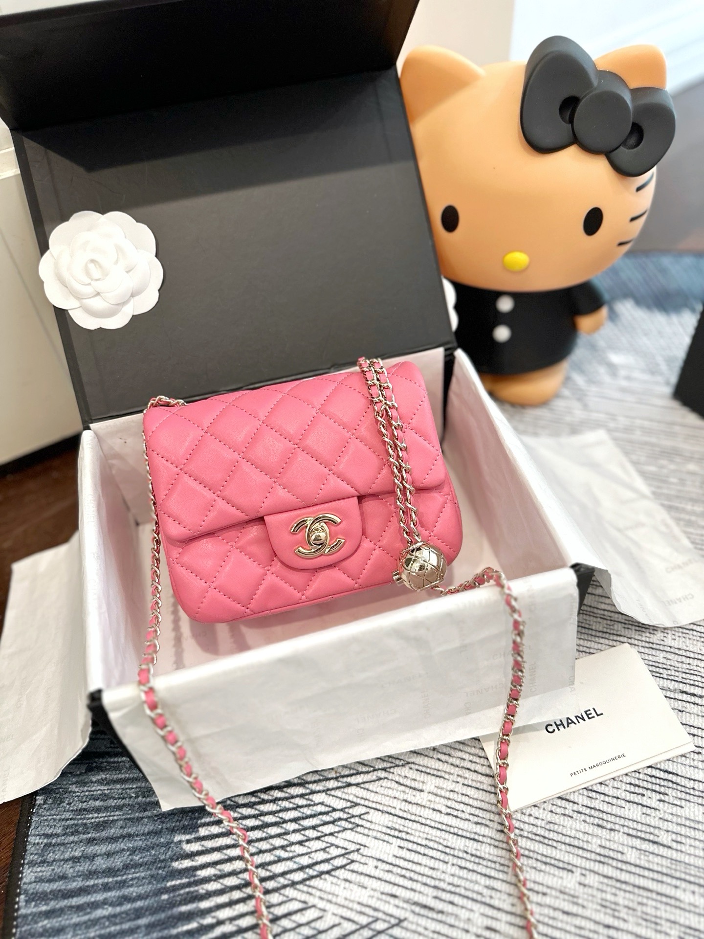 Chanel Mini Square CF 17CM Silver Ball Pearl Crush Quilted Leather Flap Chain Shoulder Bag - KAIROO