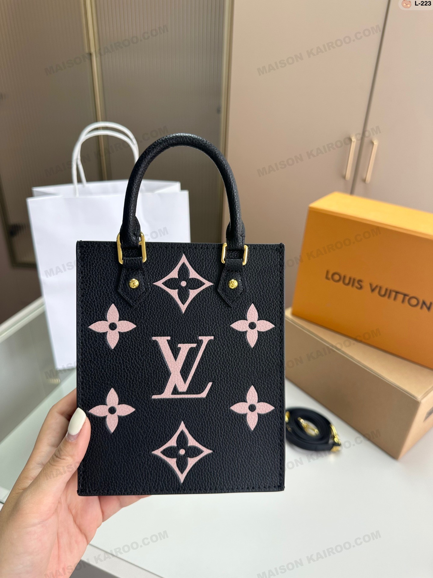 Louis Vuitton LV Petit Sac Plat Mini Black Pink Monogram Empreinte Leather Vertical Crossbody Tote Bag - KAIROO