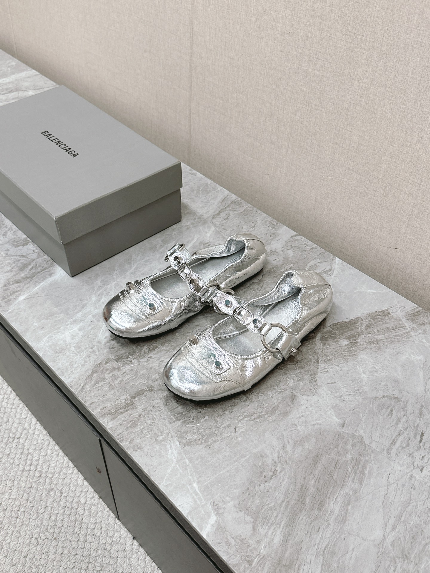 Balenciaga Cagole Silver Arena Leather Studded Buckle Strap Moto Mary Janes Ballerina Flats - KAIROO