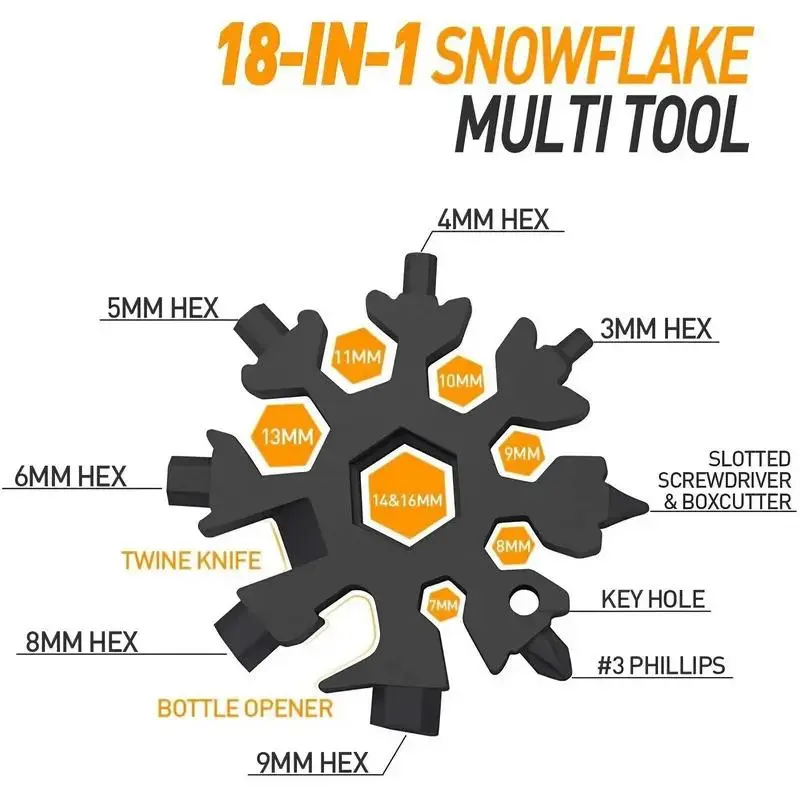 18-in-1 Stainless Steel Snowflake Multi-Tool - EDC Pocket Wrench, Screwdriver & Bottle Opener Keychain for Camping & Biking