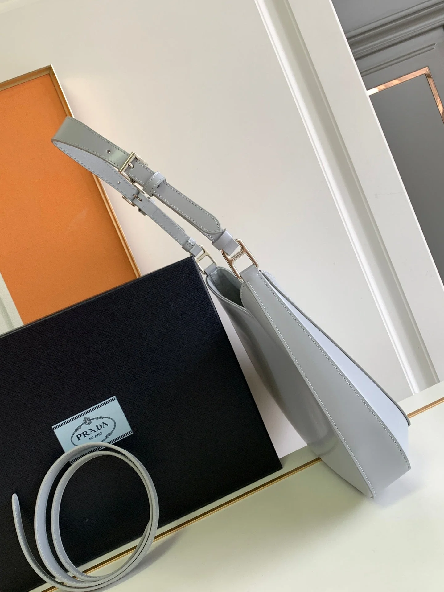 Prada CLEO 30 GREY BRUSHED LEATHER SHOULDER BAG