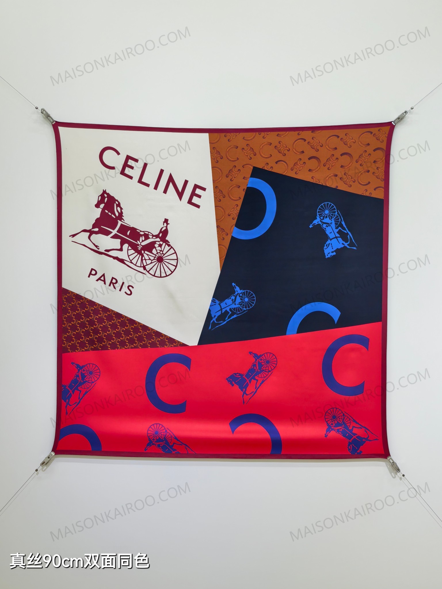 Celine Red Tone Color Block Carriage Square Scarf - KAIROO