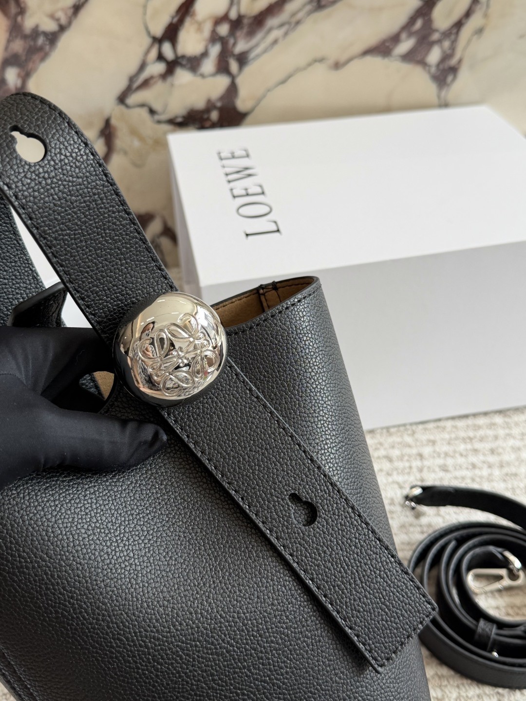 Loewe Black Mini Pebble Grain Leather Silver Metal Anagram Handle Shoulder Bucket Bag - KAIROO