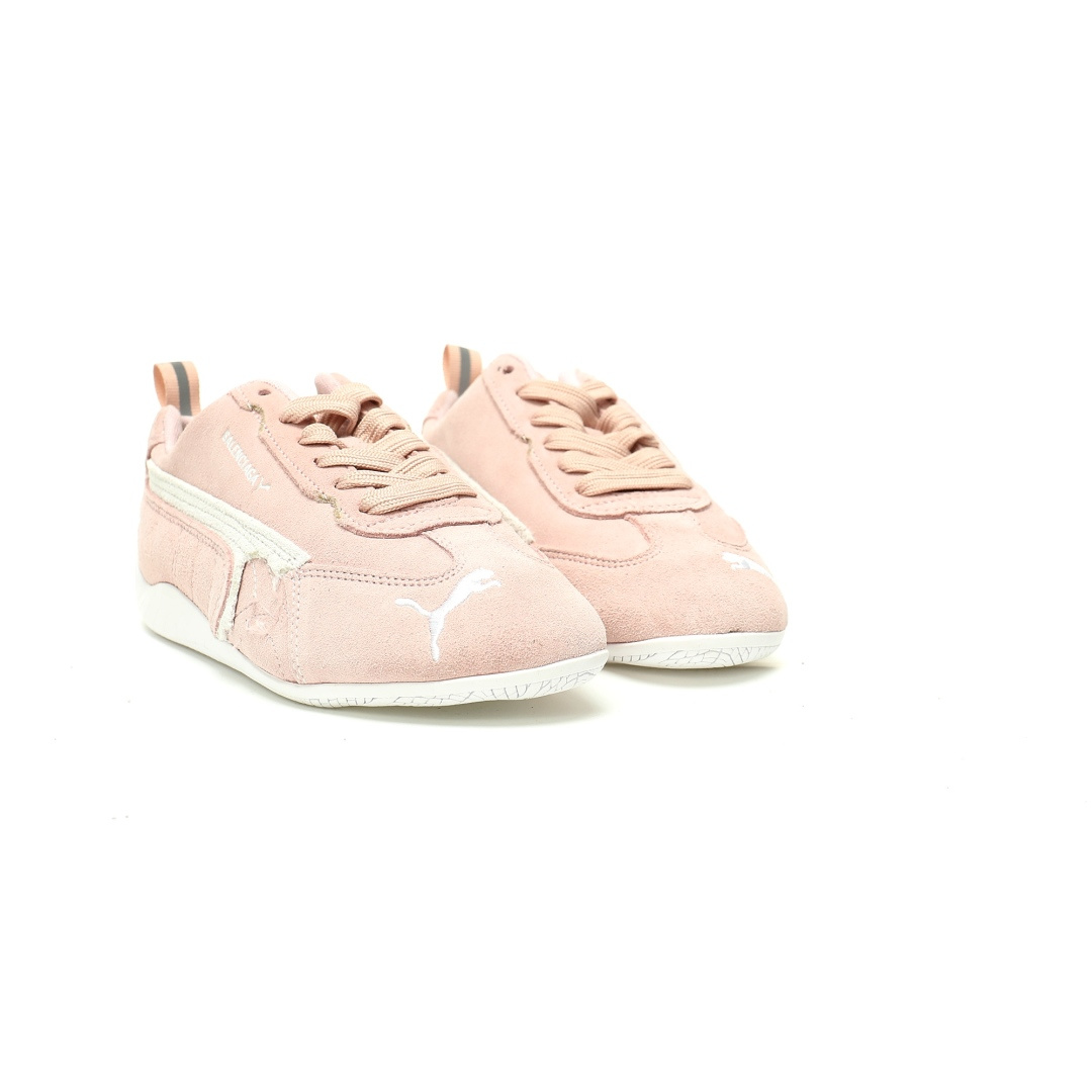 Balenciaga x Puma Pink Worn-Out Broken Logo Leather Suede Speed GAT Sneakers - KAIROO