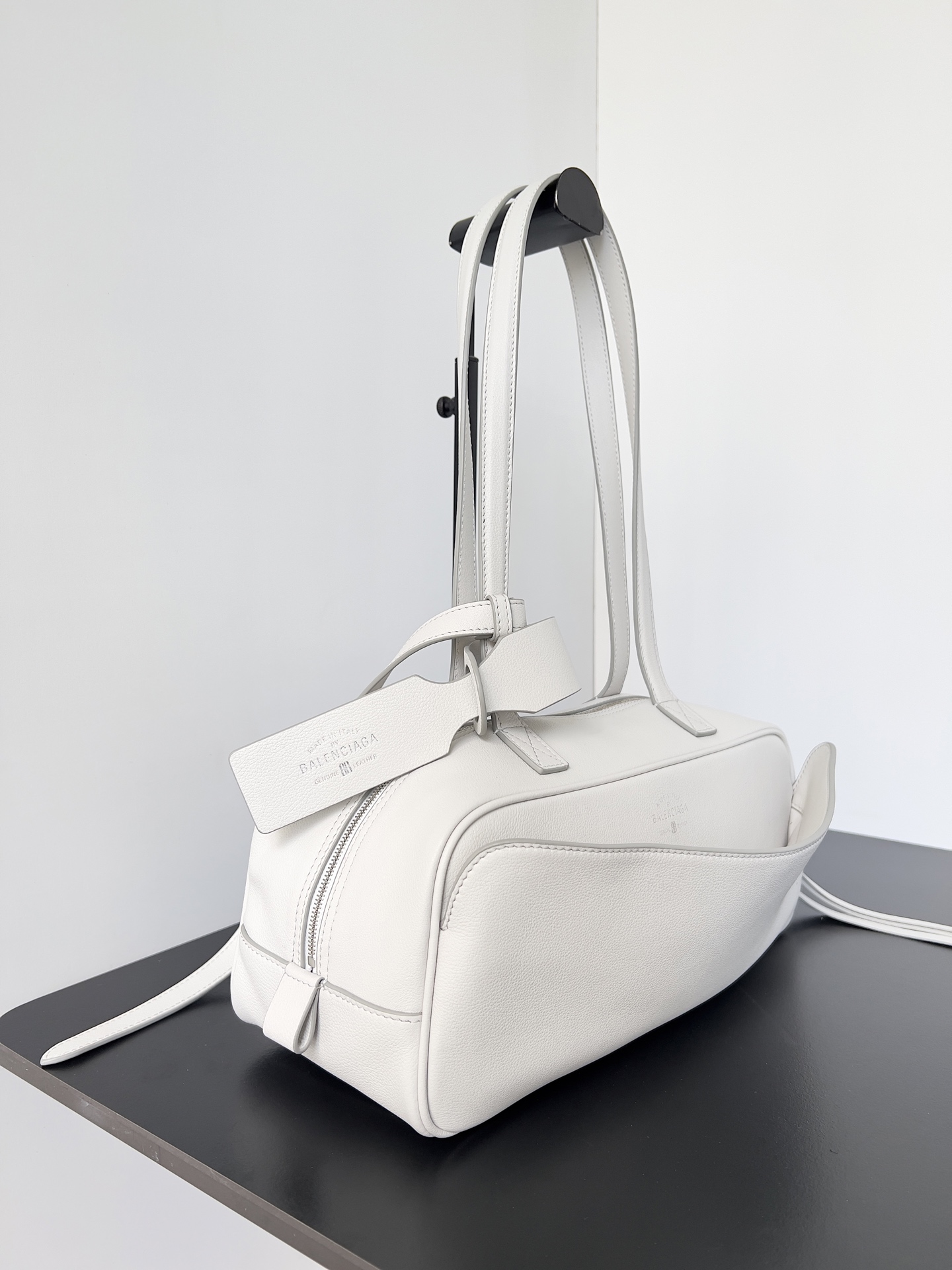 Balenciaga Carrie Small White Grained Leather Multi-Way Top Handle Bowler Bowling Bag - KAIROO