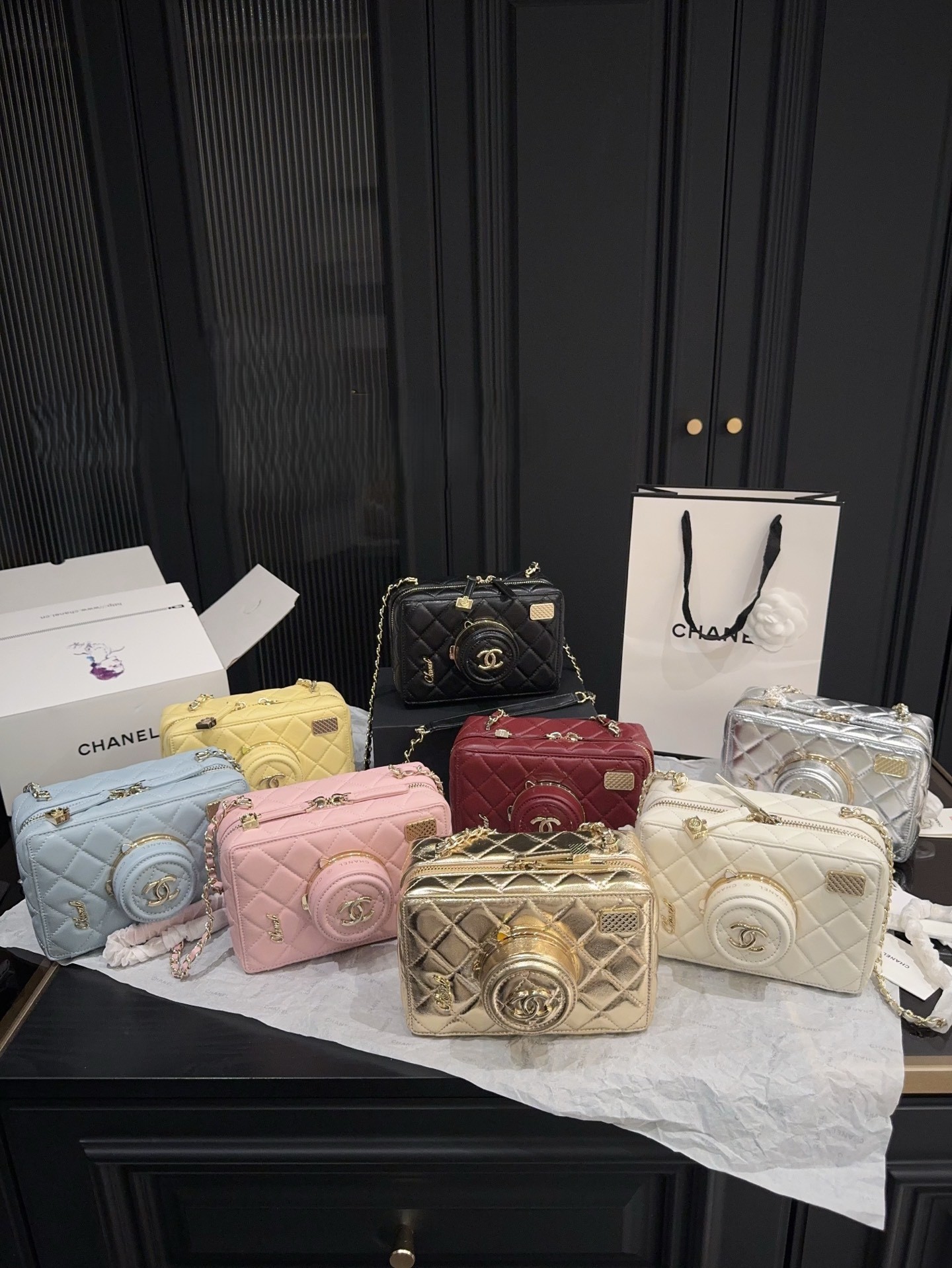 Chanel 24S Quilted Shiny Leather 3D Flip Mirror Lens Chain Strap Camera Box Shoulder Bag - KAIROO