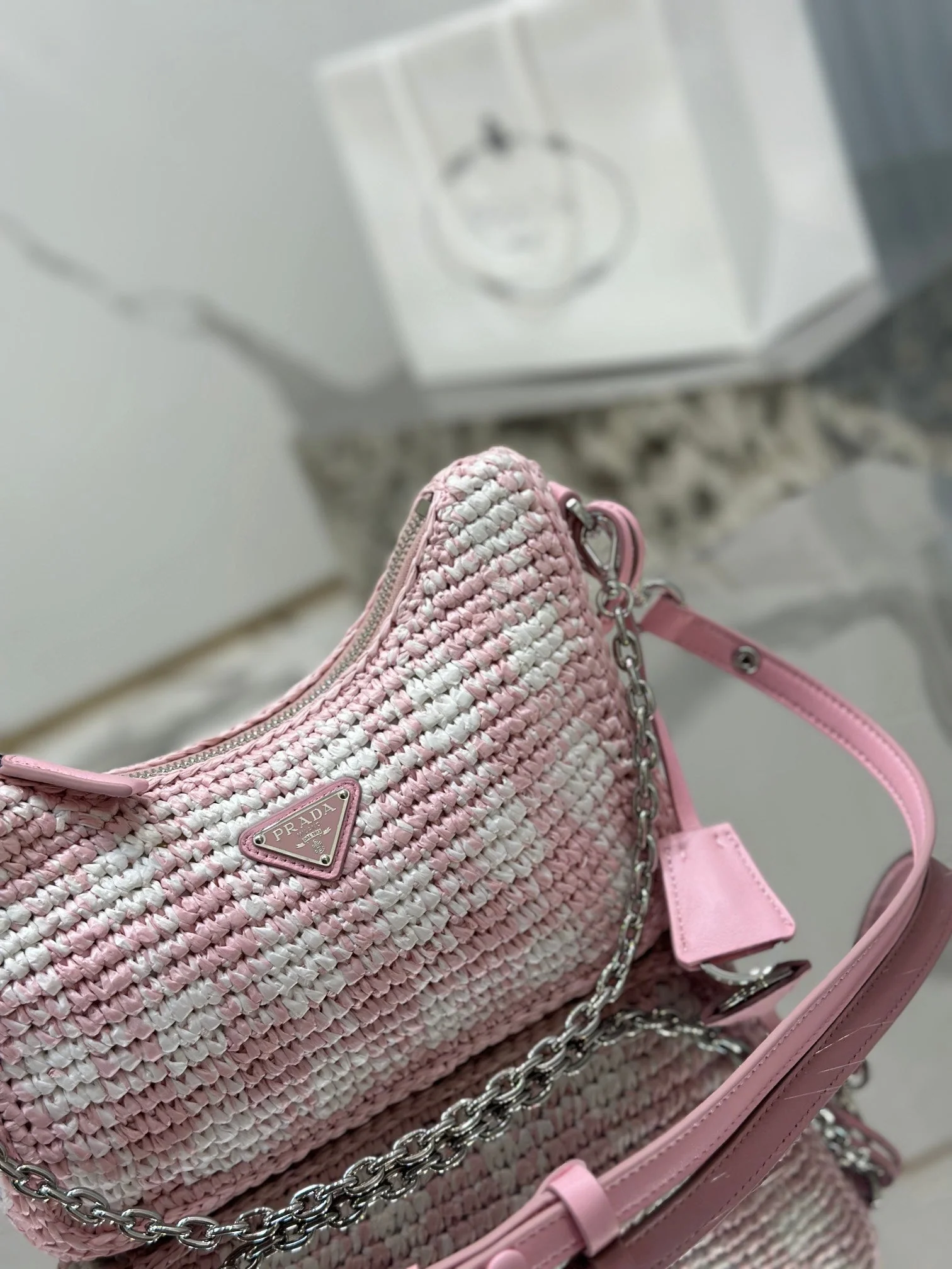 Prada CROCHET HOBO BAG 22 IN PINK MIX WHITE RAFFIA SILVER HARDWARE