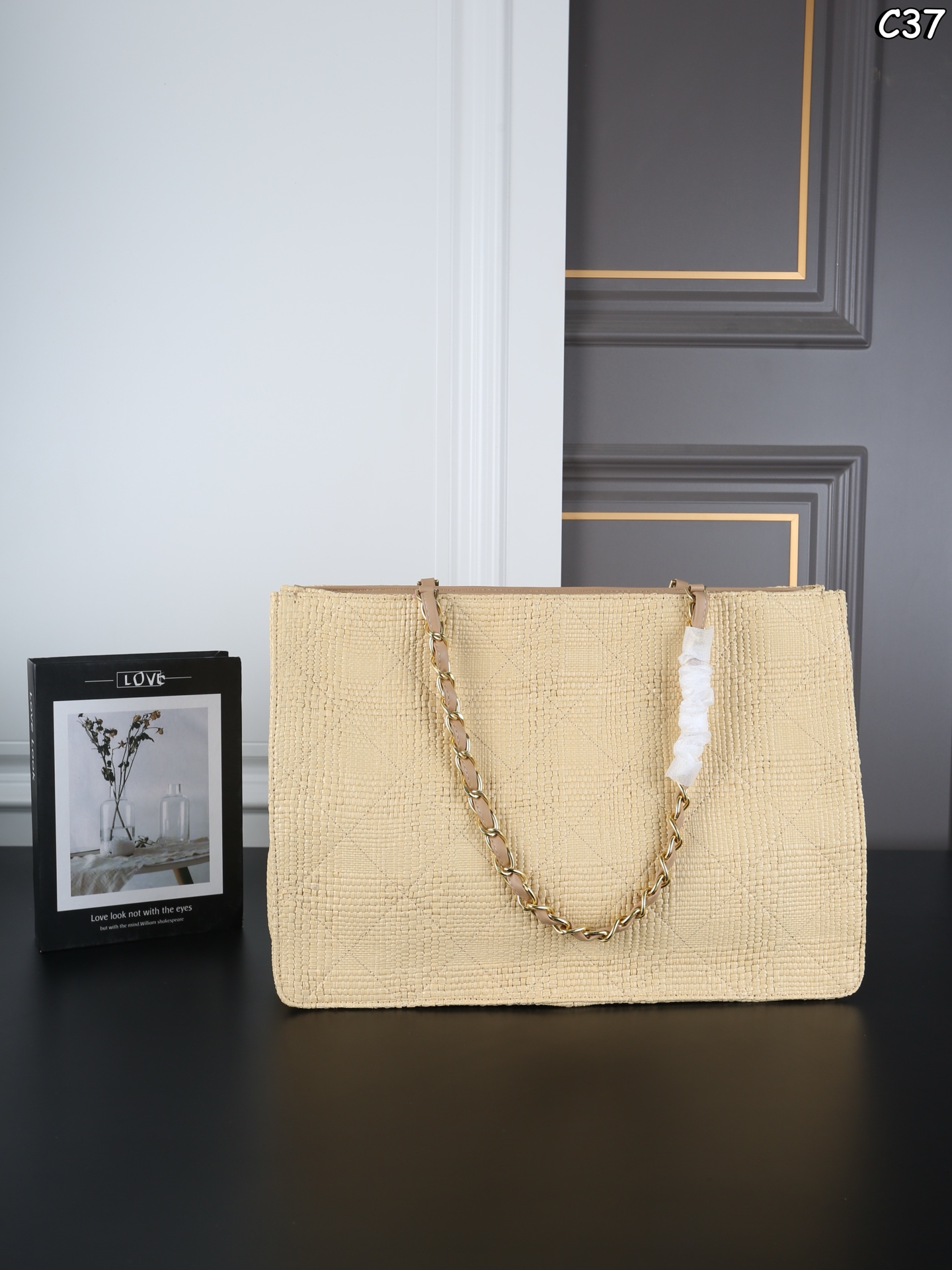 Chanel Diamond Quilted Braided Raffia Leather Chain Strap Flat Beach Shopping Tote Bag - KAIROO