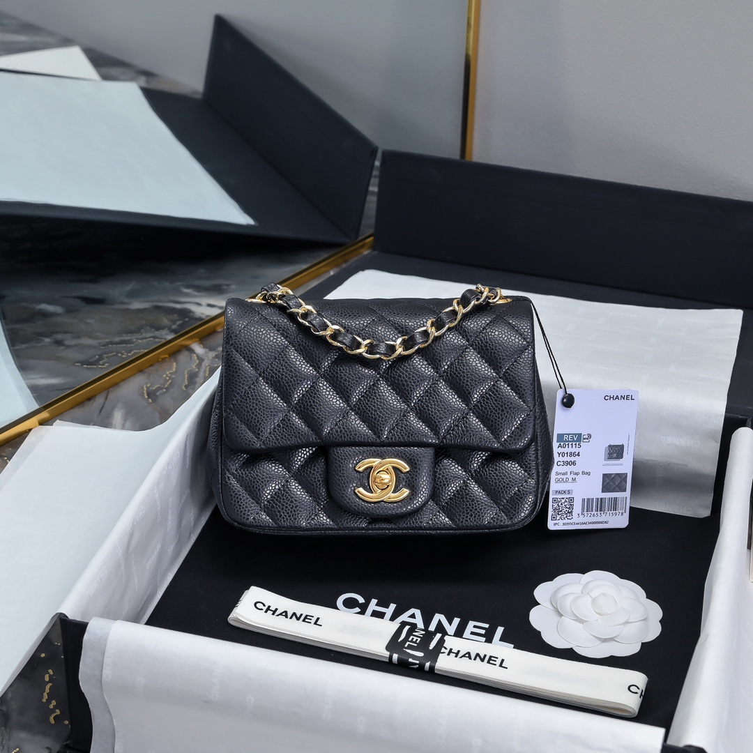 Chanel Mini Classic Handbag in Black Grained Calfskin