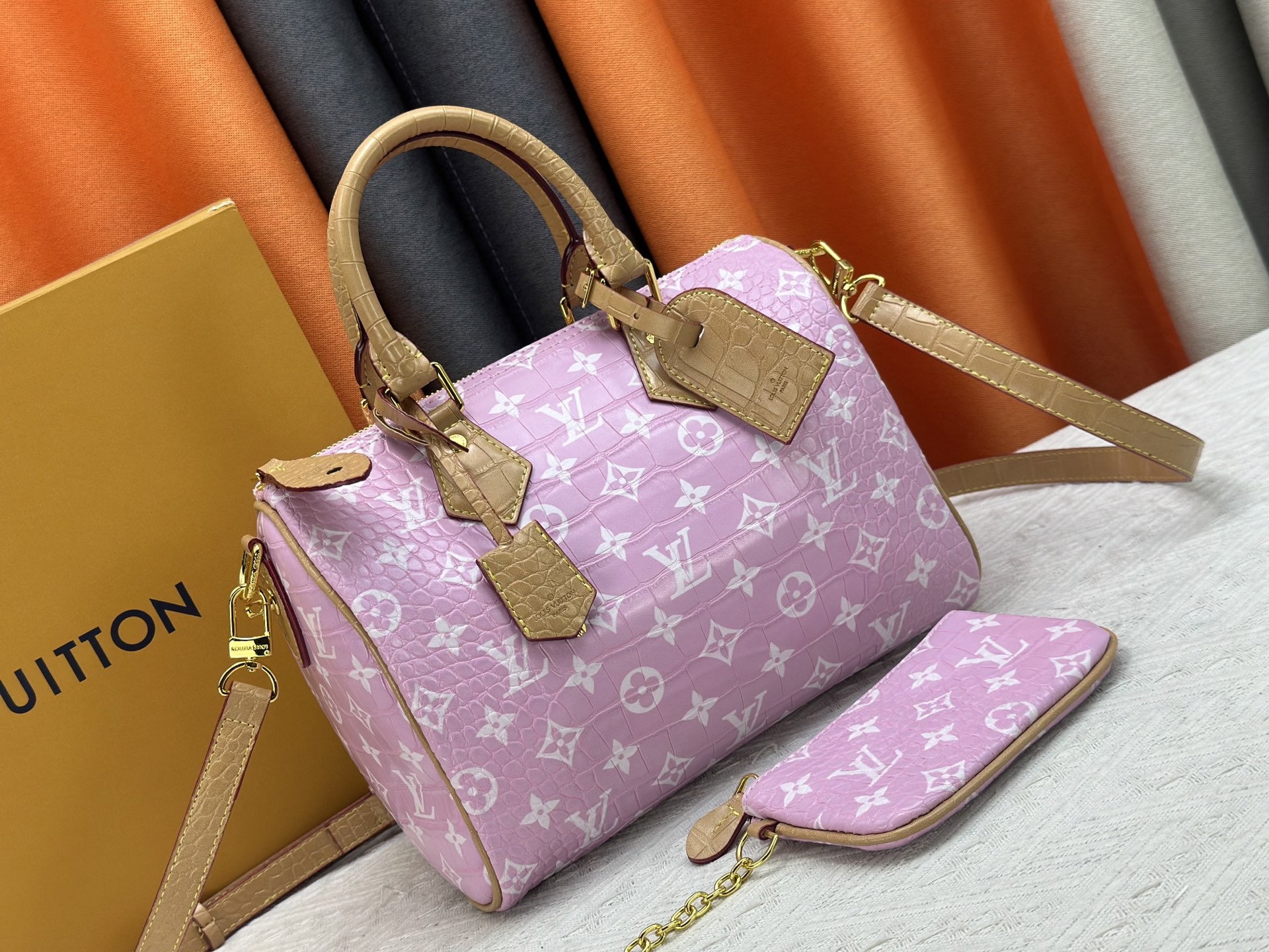 Louis Vuitton LV Speedy 25/30 Monogram Pink Crocodile Embossed Leather Boston Top Handle Bag - KAIROO