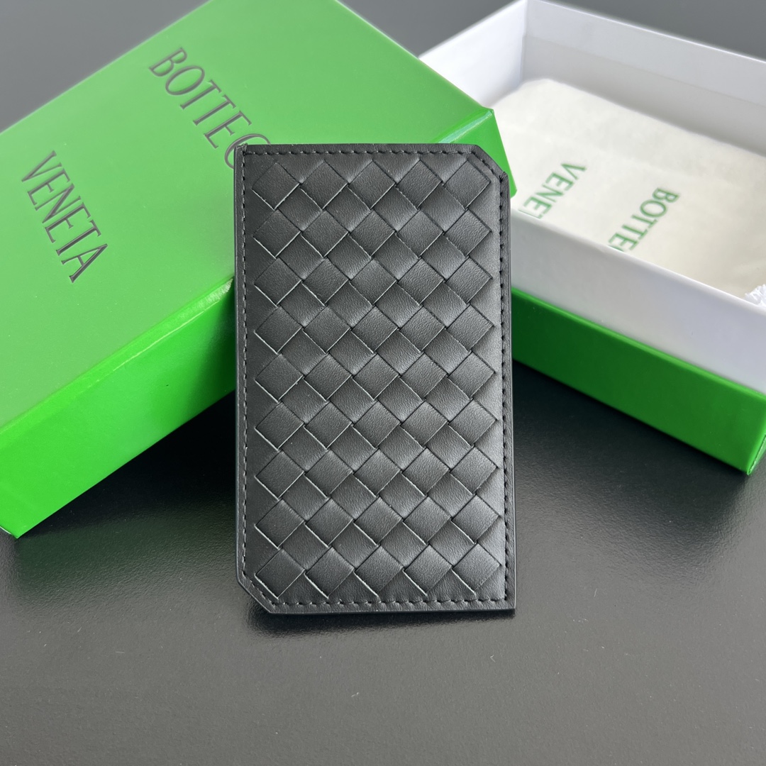 Bottega Veneta Small Vertical Card Holder Wallet in Black Intreccio Leather