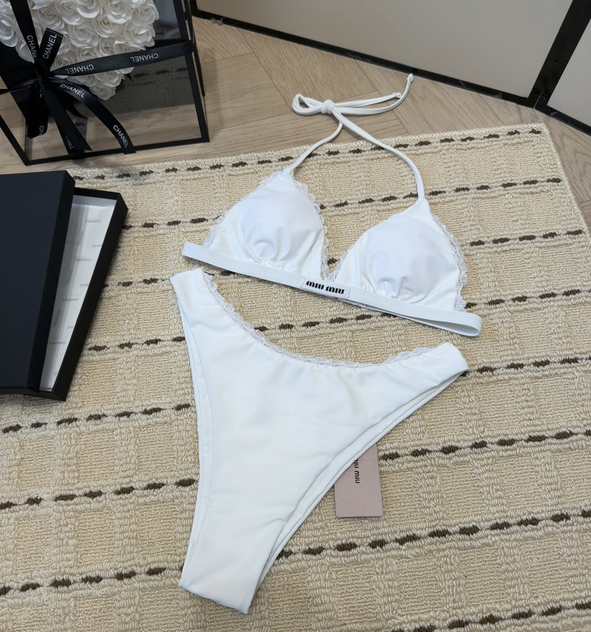 Miu Miu White Lace Trim Triangle Bikini Two-Piece Bikini Swimsuit - KAIROO