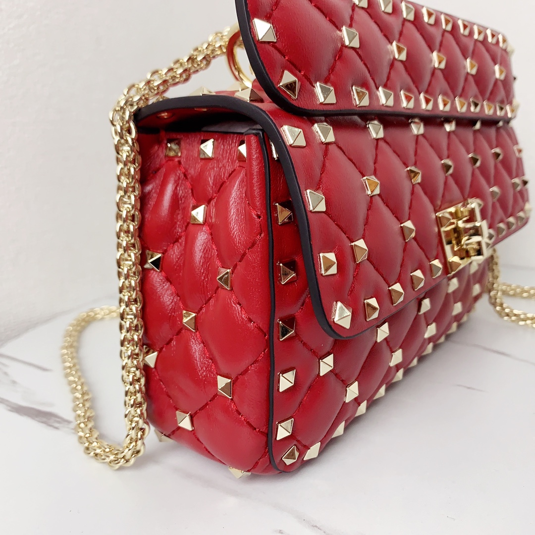 Valentino Classic Spike Medium Shoulder Bag in Lambskin-Red