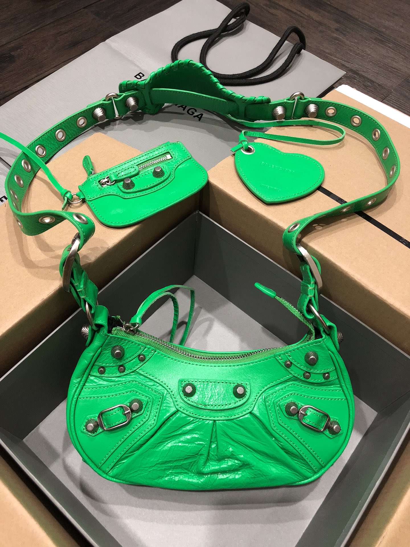 Balenciaga Le Cagole Green Limited Crinkled Leather Studded Purse& Heart Mirror Charm Hobo Shoulder Bag - KAIROO