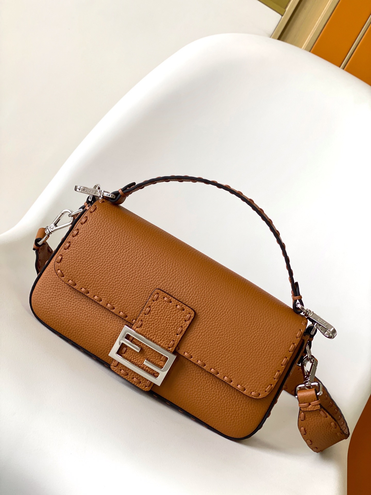 Fendi Medium Selleria Baguette Leather Bag-Camel