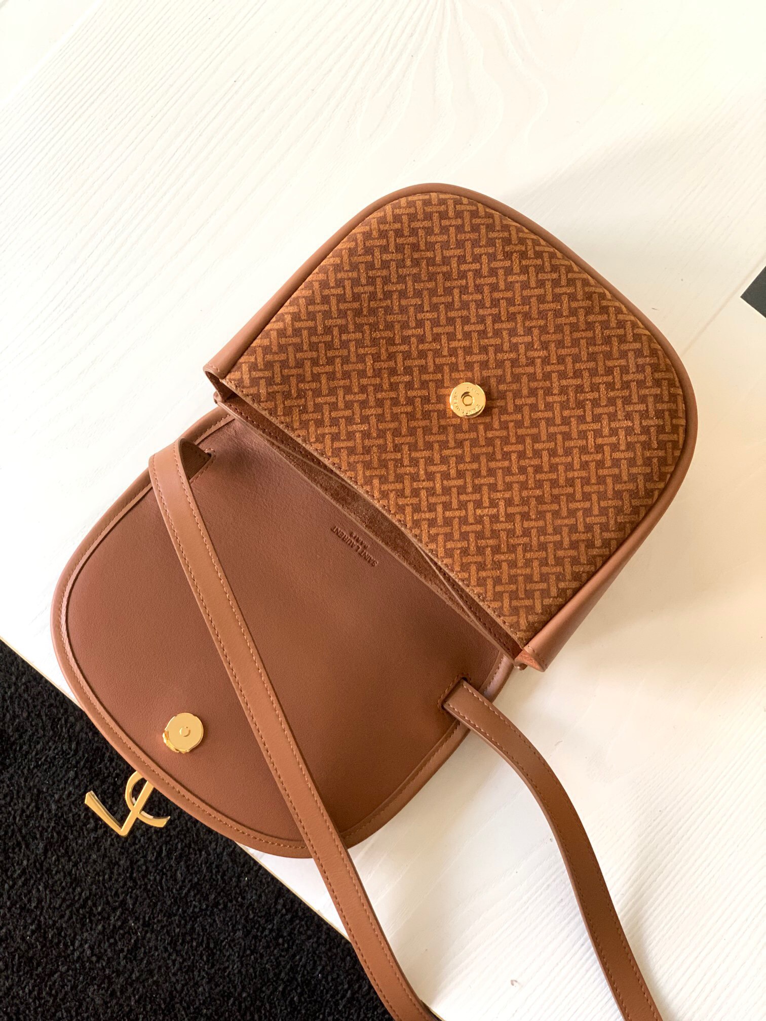 Saint Laurent YSL caramel frosted printed diagonal cross bag