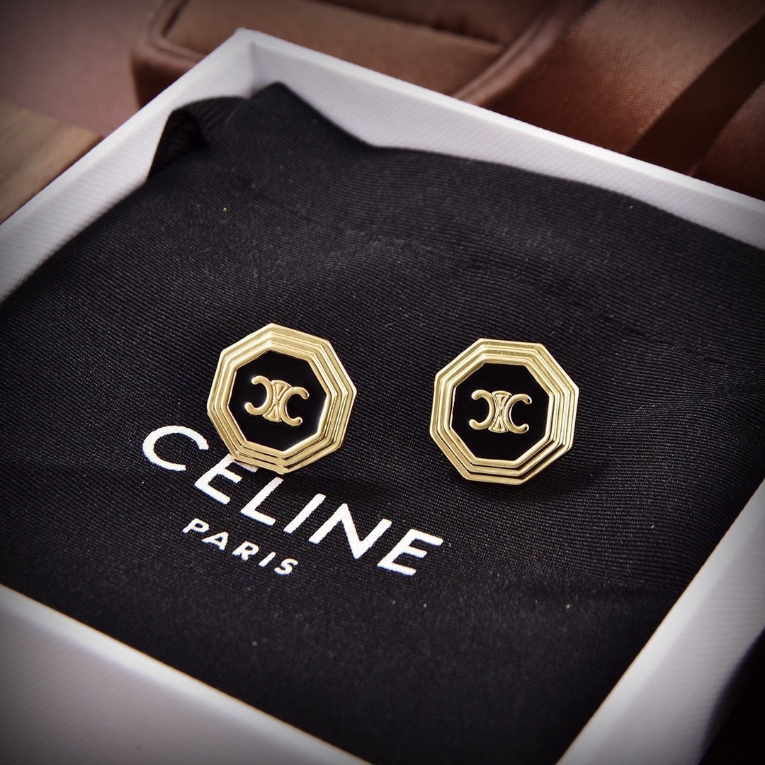 Celine Black Enamel Gold Finish Brass Octagon Triomphe Logo Motif Stud Earrings - KAIROO