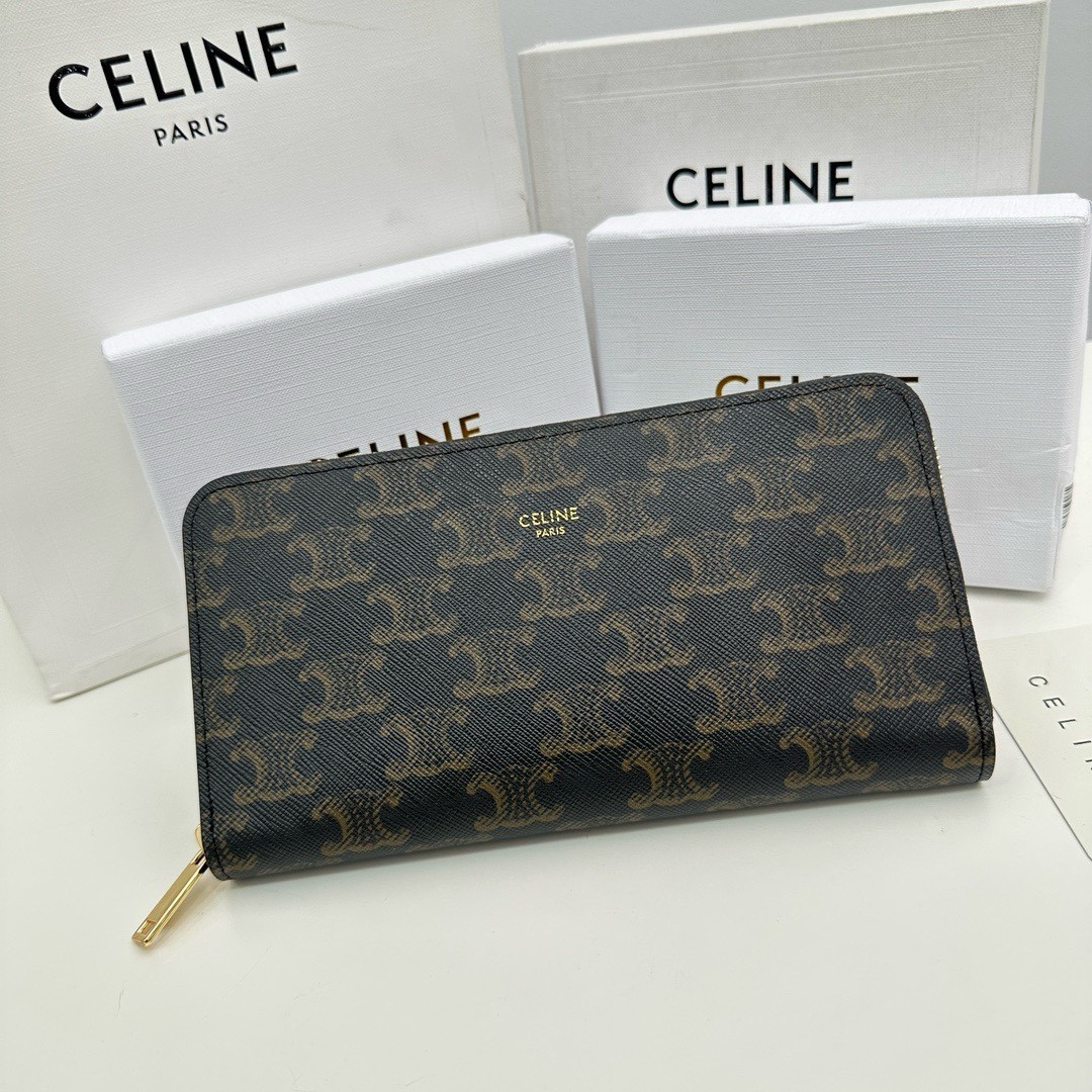 Celine Black Triomphe Monogram Canvas Gold Zip-around Large Wallet - KAIROO