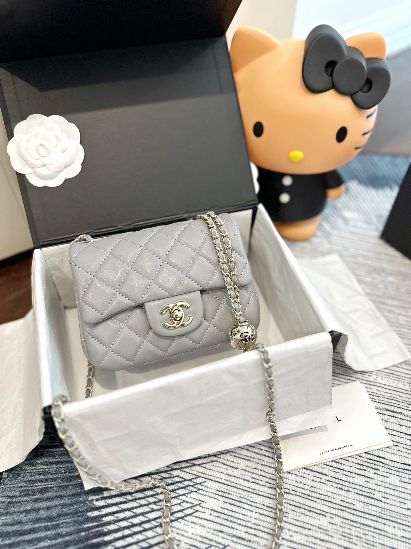 Chanel Mini Square CF 17CM Silver Ball Pearl Crush Quilted Leather Flap Chain Shoulder Bag - KAIROO