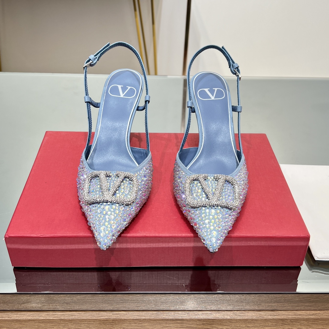 Valentino Garavani Light Blue Satin Allover Strass Crystals VLogo Slingback Pumps Heels - KAIROO