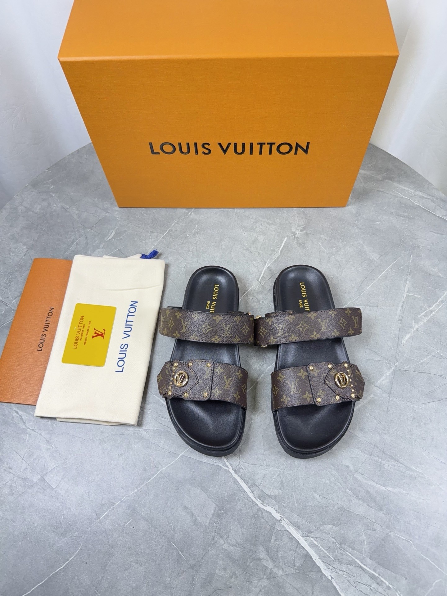Louis Vuitton Monogram Cerises /Multicolore /Empreinte Leather Bom Dia Double Studded Buckle Sandals - KAIROO