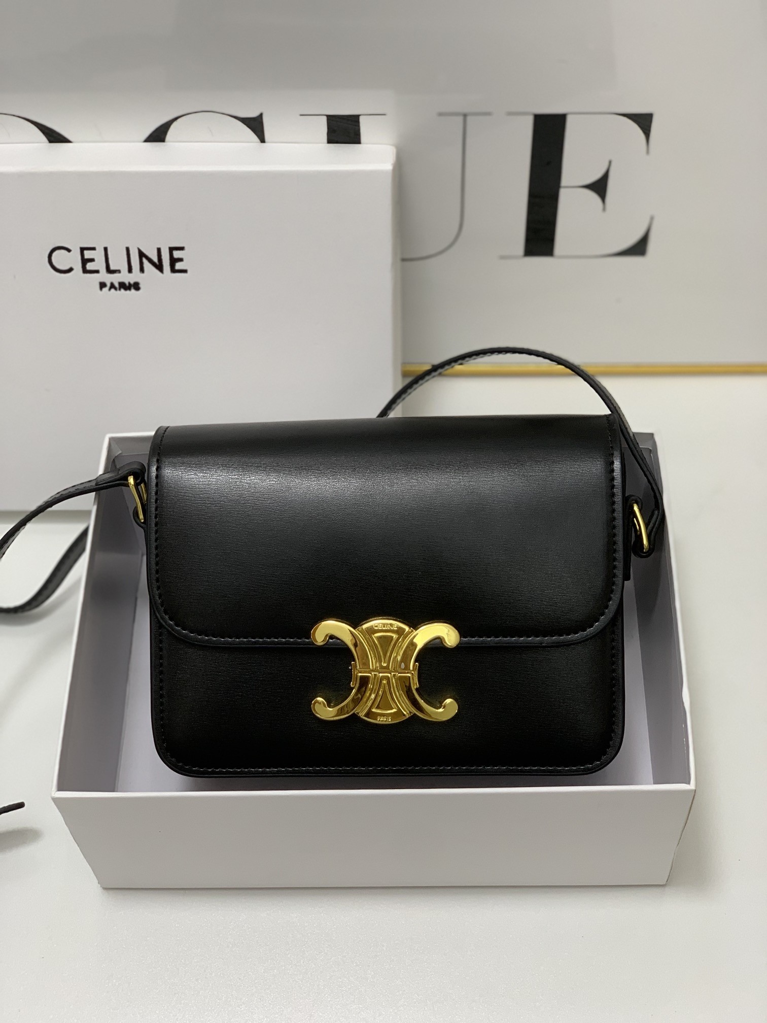 Celine Small Leather Metal Tone Triomphe Hardware Flap Box Crossbody Bag - KAIROO