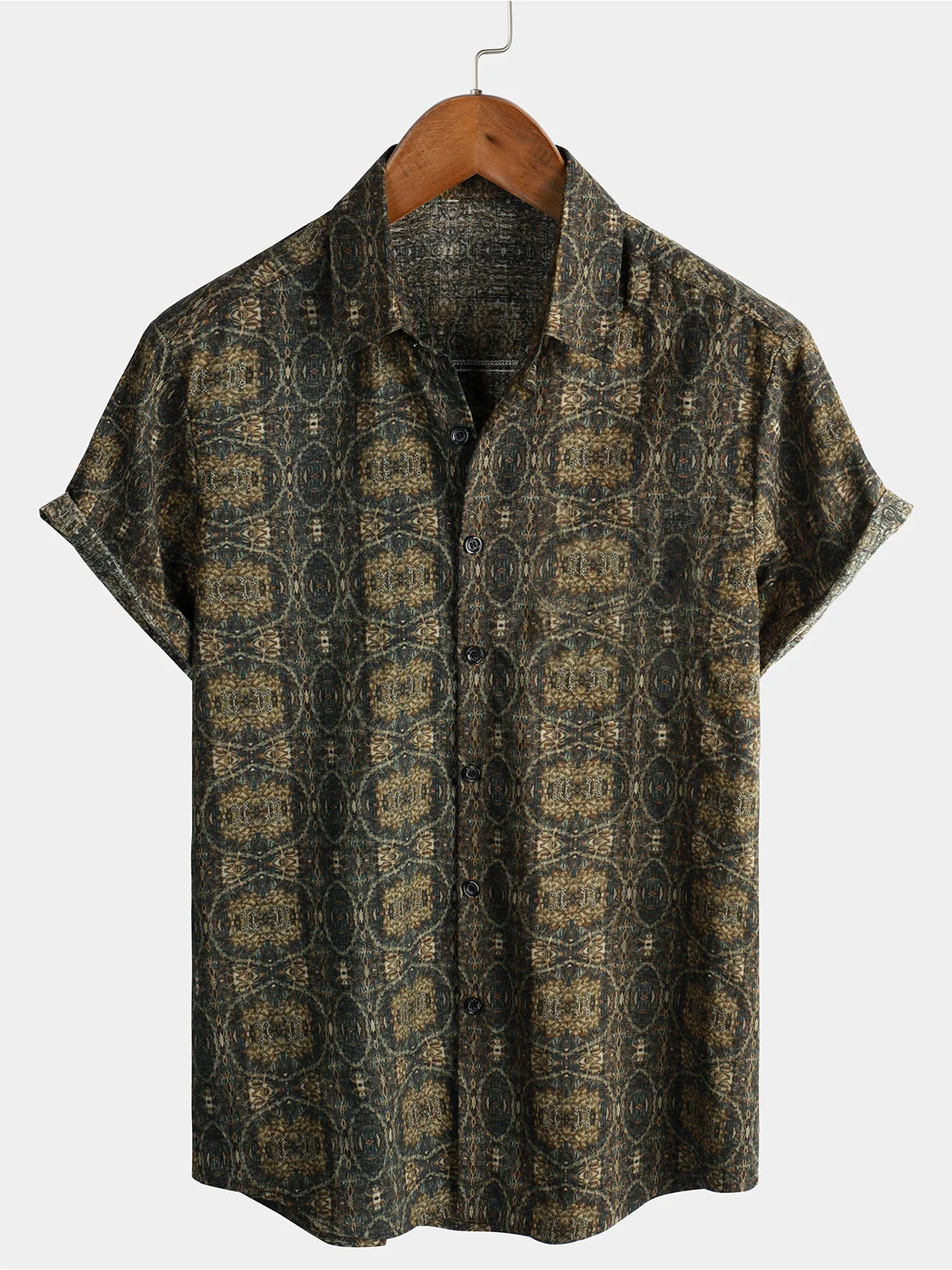 Men's Vintage 70s Cotton Retro Summer Button-Up Short Sleeve Shirt