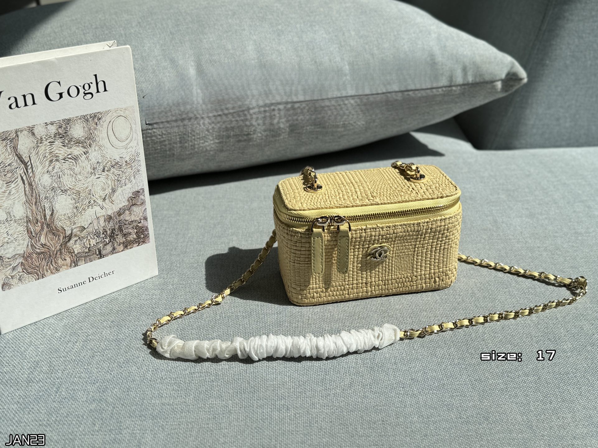 Chanel 26P Woven Raffia Compact Boxy Vanity Case Leather Top Handle Crossbody Bag - KAIROO