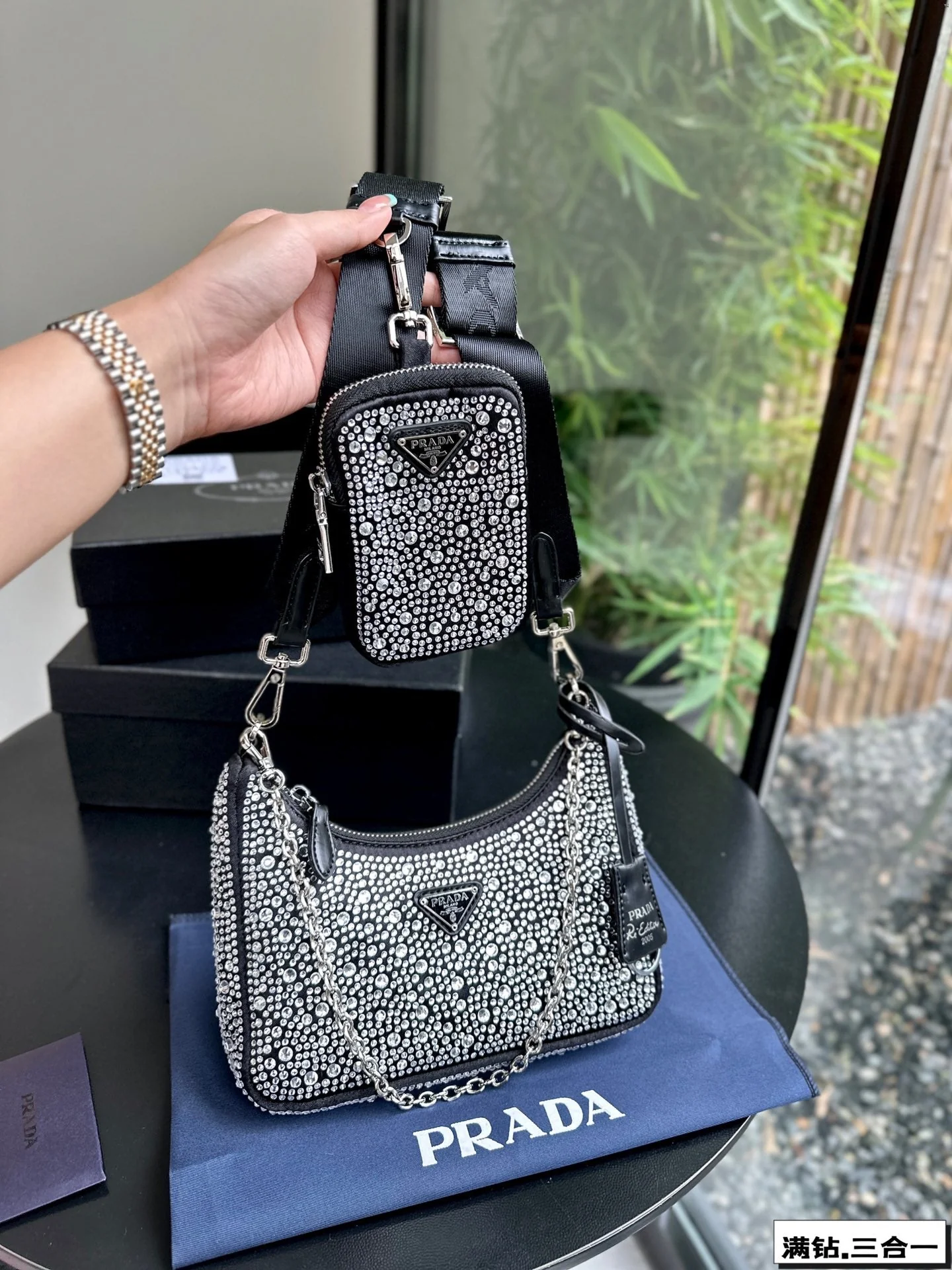 Prada  22 SATIN MINI-BAG WITH FULLY RHINSTONES