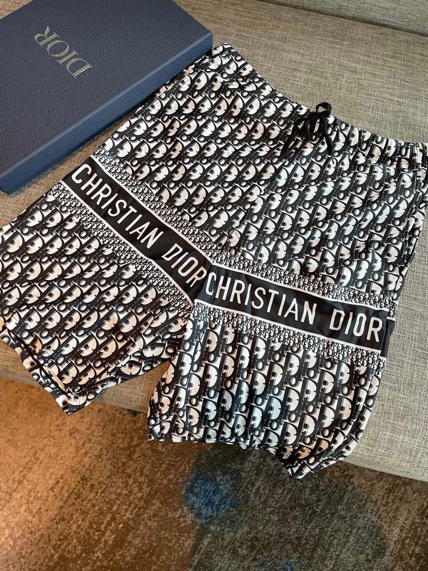 Dior Black  With White Allover Oblique Monogram Print Drawstring Beach Shorts - KAIROO