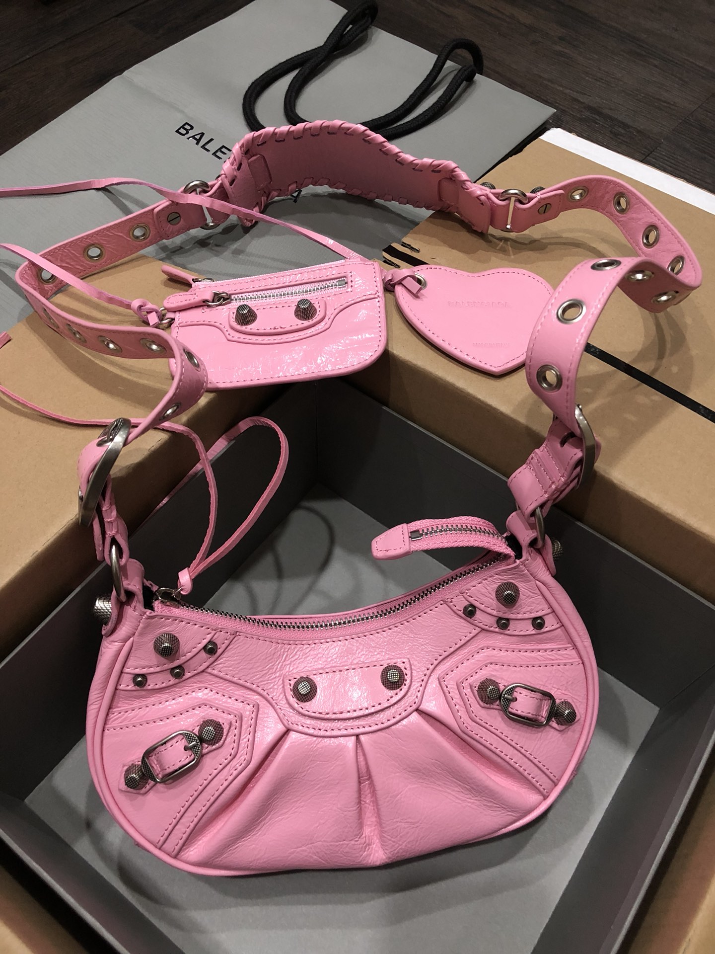 Balenciaga Le Cagole Small Hot Pink Limited Crinkled Leather Studded Purse & Heart Mirror Charm Hobo Shoulder Bag - KAIROO