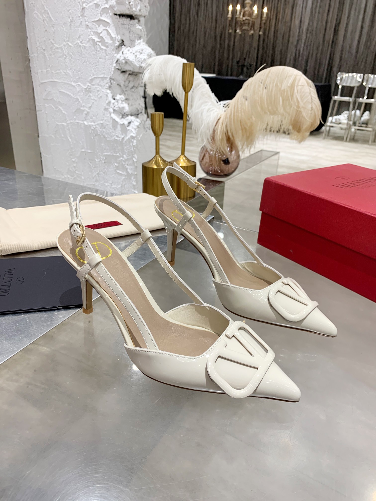 Valentino Garavani White Pointed Toe Tonal VLogo Patent Leather Slingback Heels - KAIROO