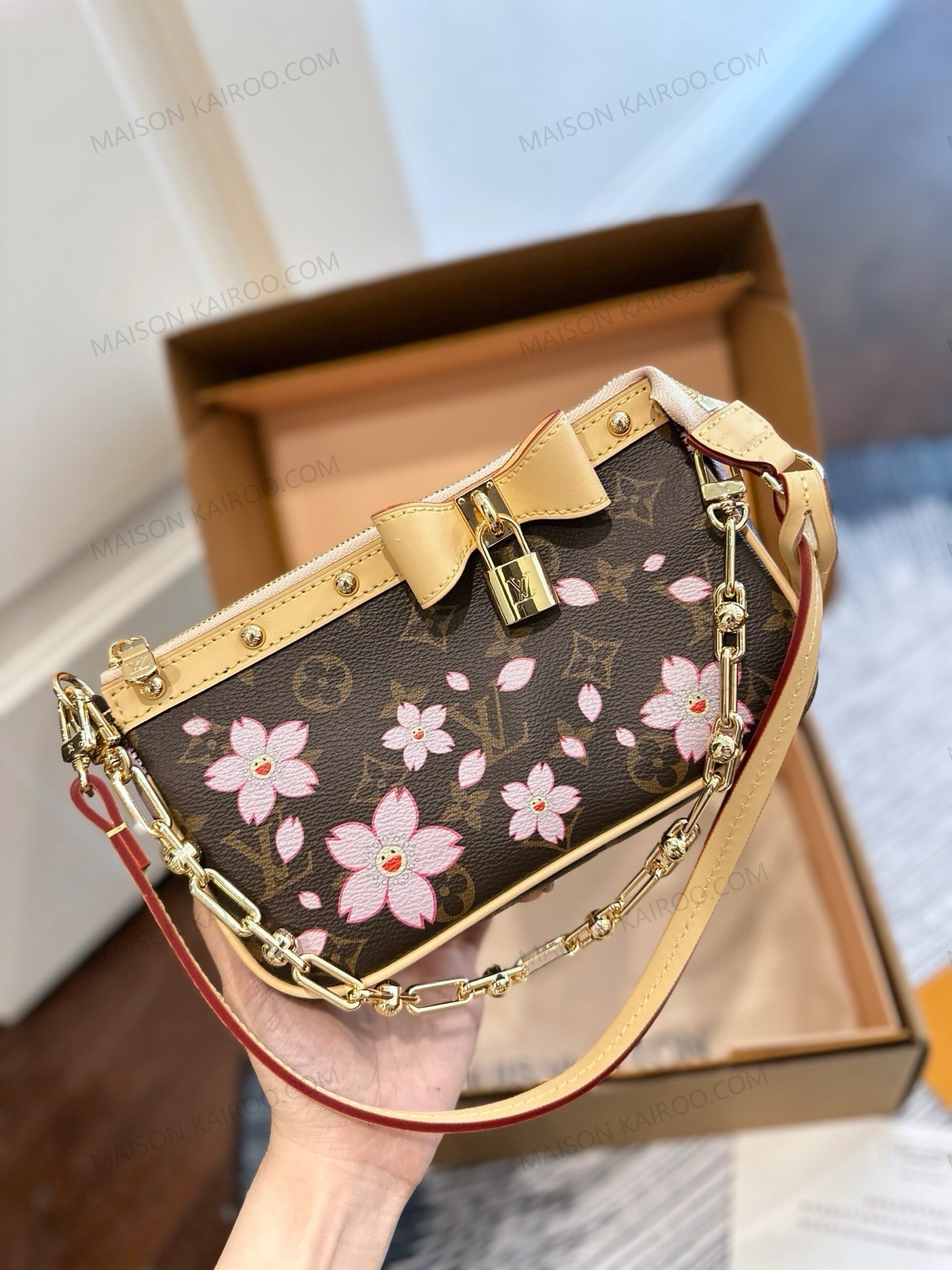 Louis Vuitton LV x TM Pochette Mini Cherry Blossom Monogram Leather Bow Hobo Shoulder Bag - KAIROO