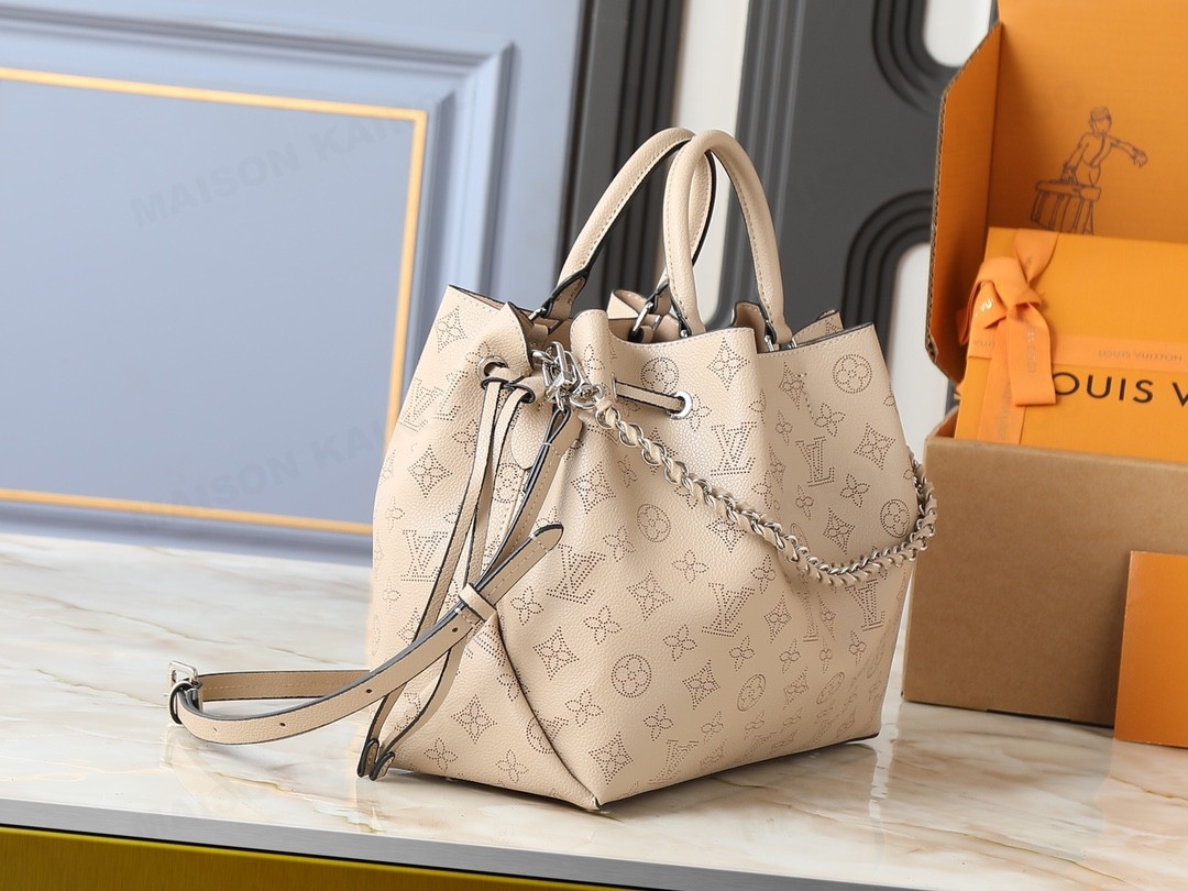 Louis Vuitton LV Mahina Bella Tote Beige Perforated Monogram Leather Drawstring Bucket Top Handle Bag - KAIROO