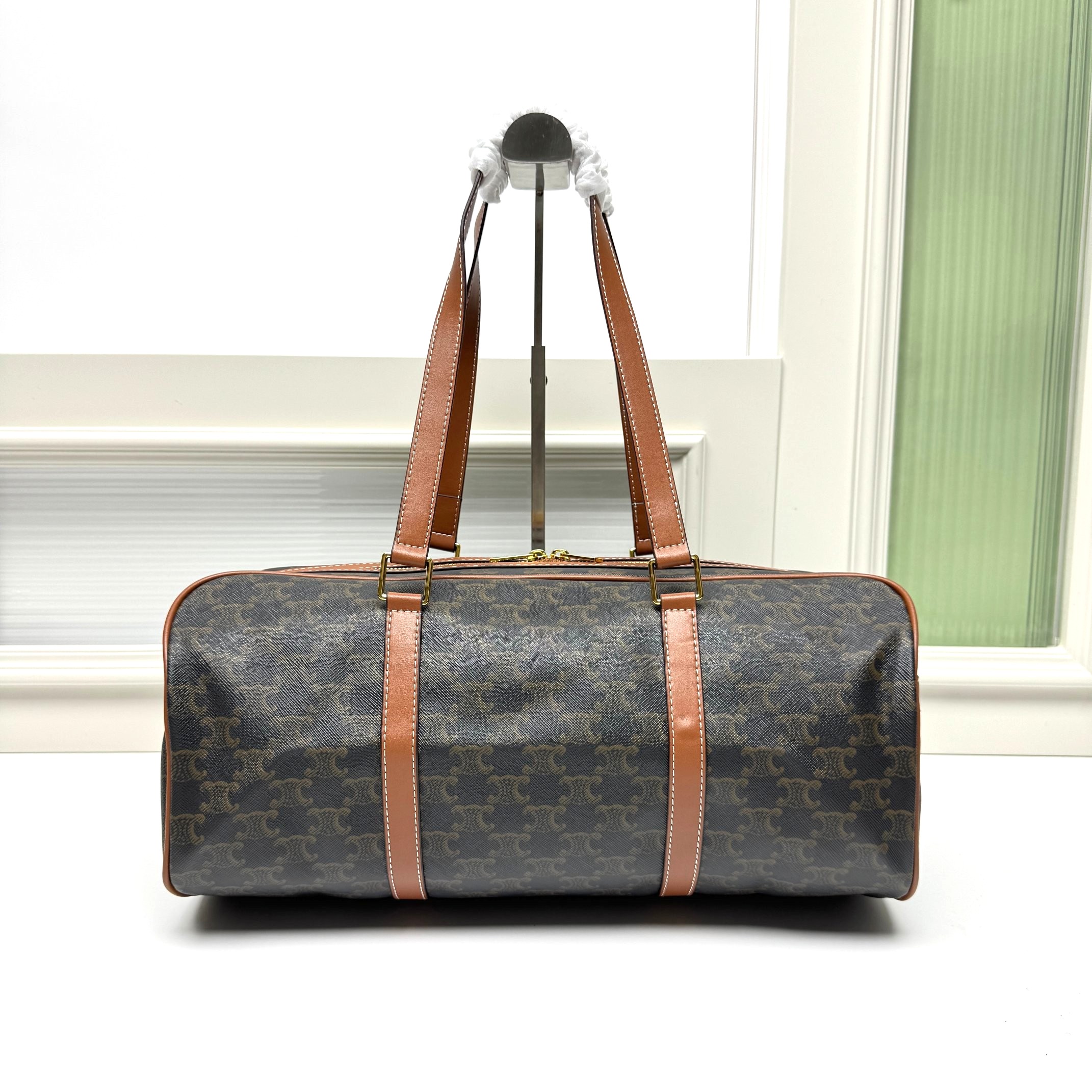 Celine Large Triomphe Monogram Canvas Cylindrical Boston Travel Bag With Leather Straps - KAIROO