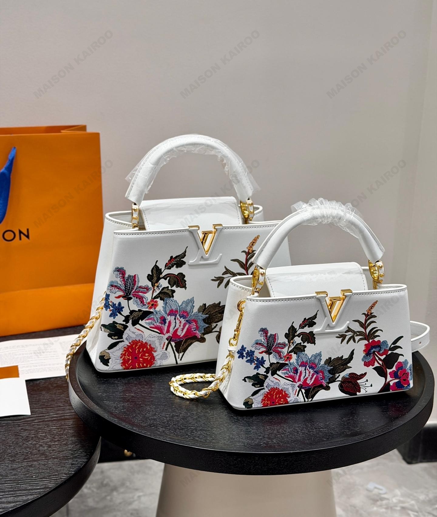 Louis Vuitton LV Capucines BB/East West Mini White Tapestry Flower Bouquets Leather Top Handle Bag - KAIROO