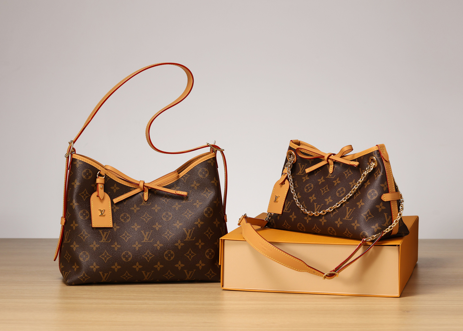 【15A】Louis Vuitton LV Carryall BB&PM Monogram Brown Canvas Leather Strap Hobo Shoulder Bag With Microchip - KAIROO