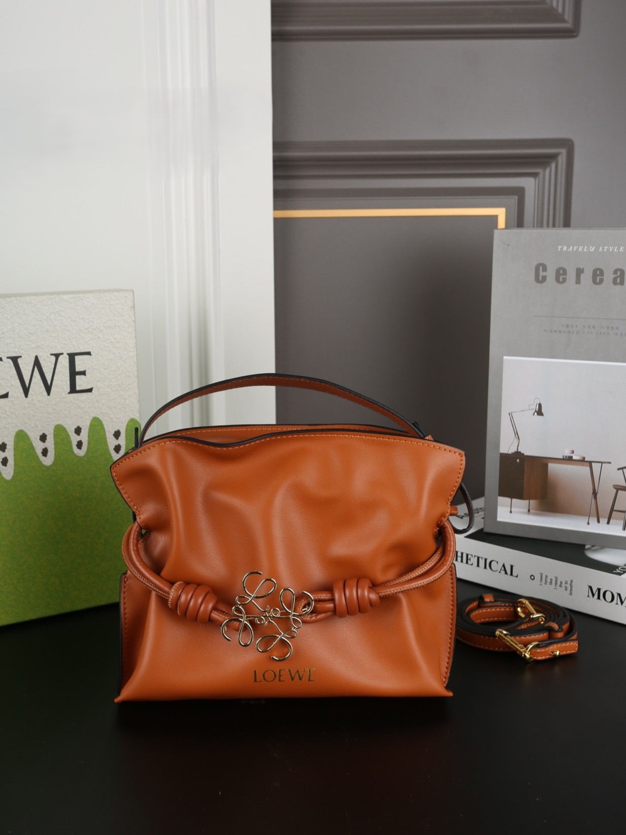 Loewe Tan Mini Flamenco Clutch Drawstring Knots Nappa Leather Magnetic Closure Handle Bag - KAIROO