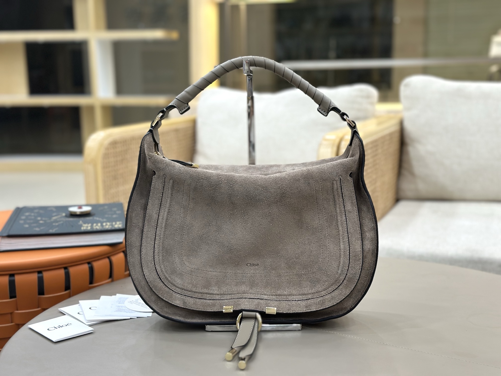 Chloe Large Marcie Shoulder Bag in Suede Calfskin-Grey