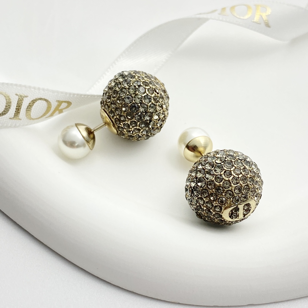 Dior Gray & Gold Rhinestone Pearl Dual Sphere Studs
