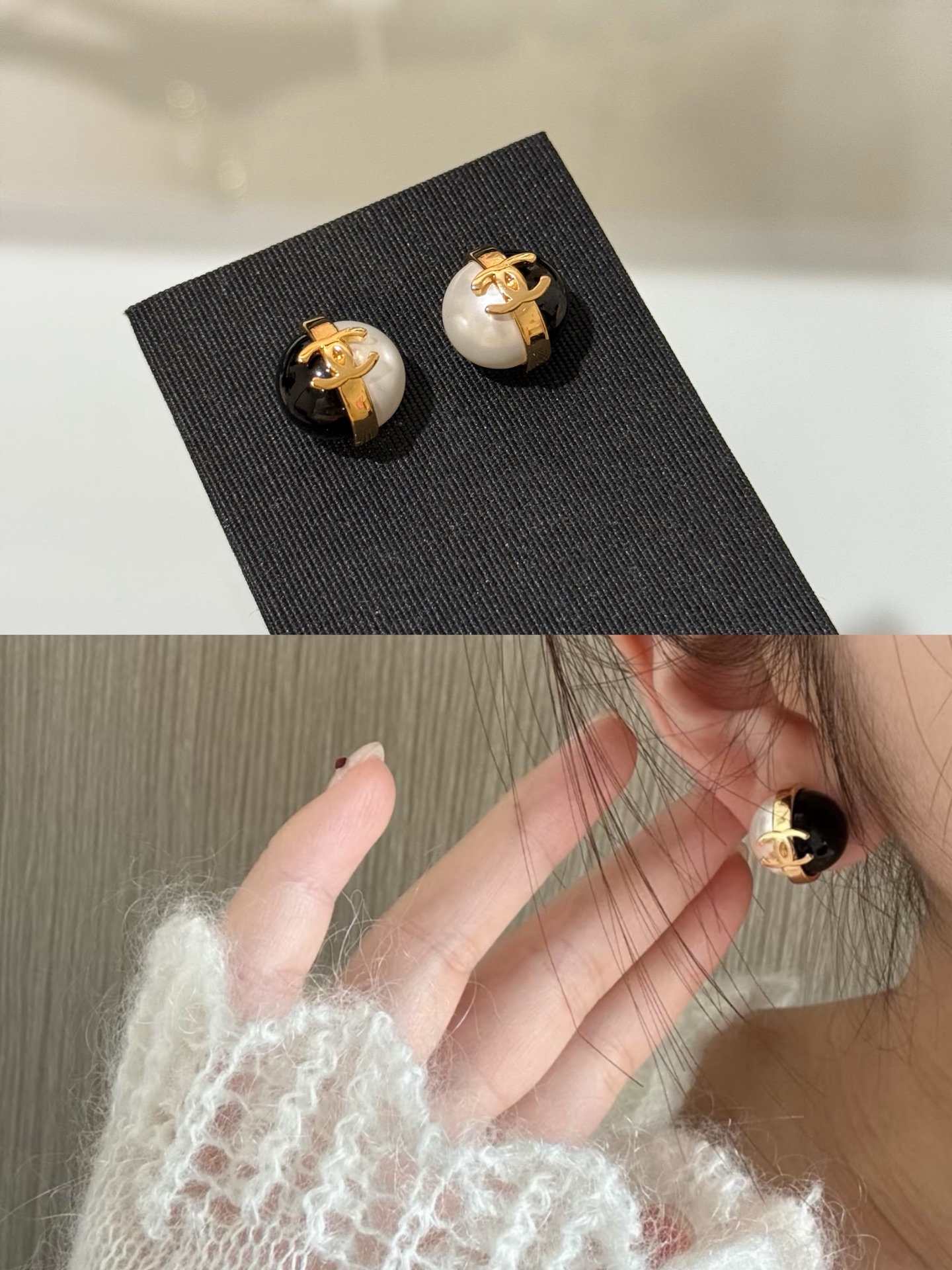Chanel 26P Black And White Spliced Pearl Interlocking CC Stud Earrings - KAIROO