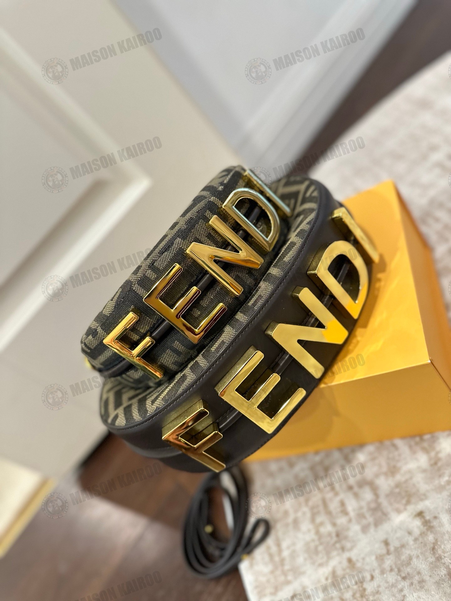 Fendi Fendigraphy FF Mini/Small Tobacco Jacquard Crescent Hobo Bottom Gold Lettering Logo Shoulder Bag - KAIROO
