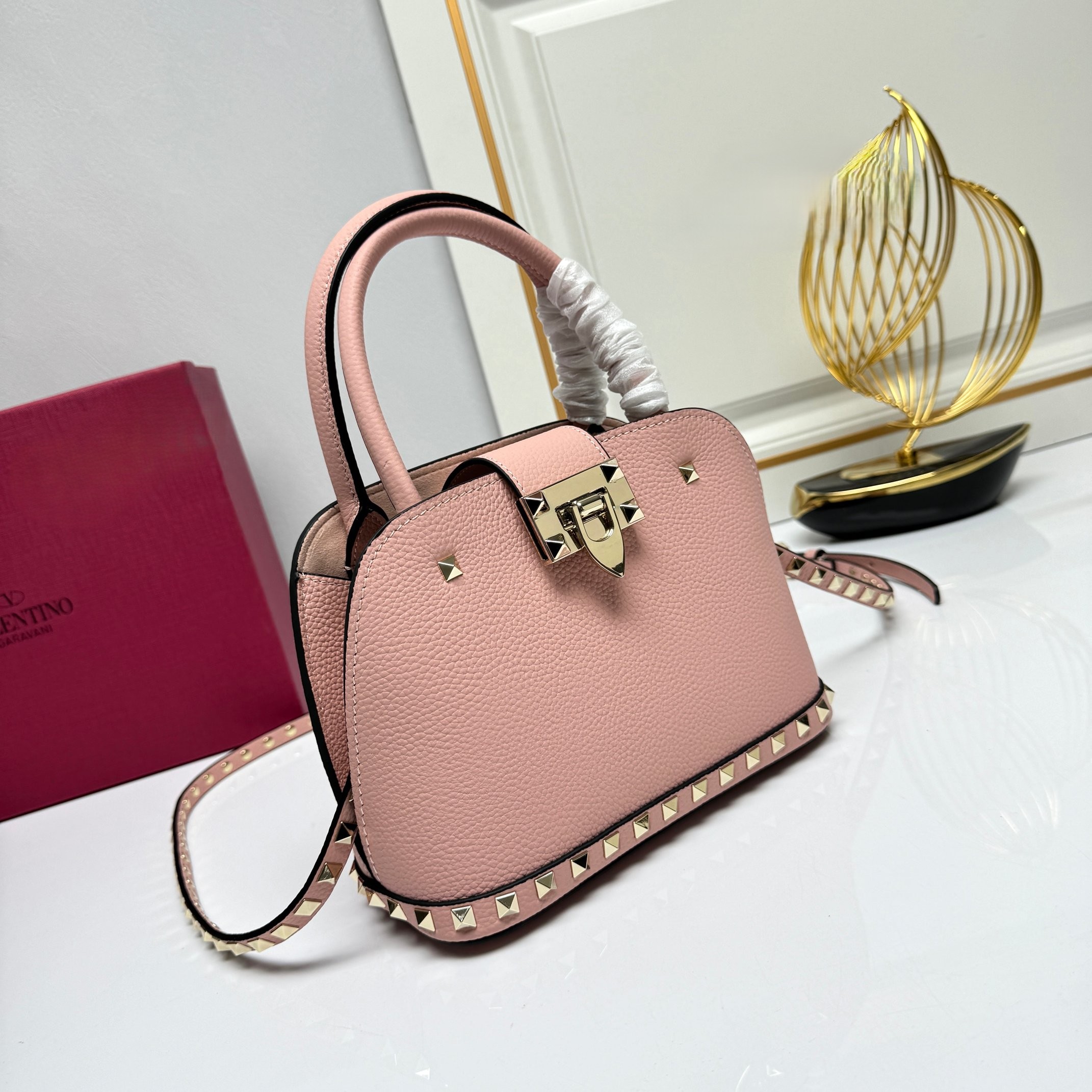Valentino Rockstud Pink Grained Leather Studded Flip-lock Handle Crossbody Dome Bag - KAIROO