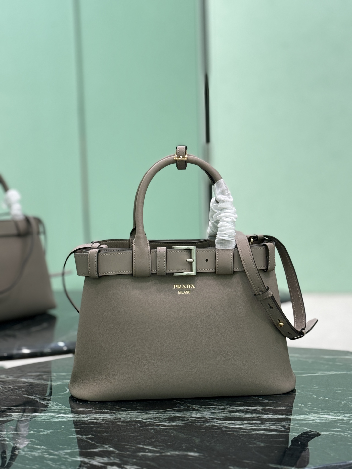 Prada Grey Buckle Small Leather bag with belt